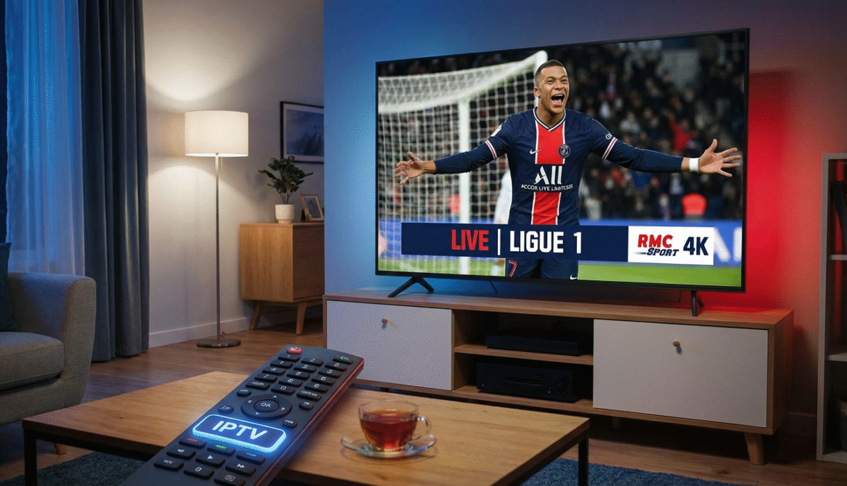 Un match de football de la ligue française diffusé en direct sur une télévision 4K dans un salon moderne via un service IPTV pour le sport.